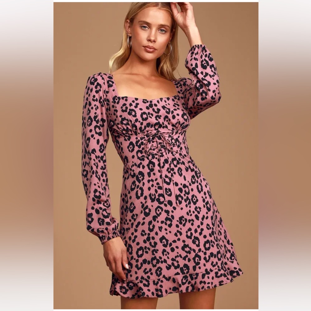 Lulus Fierce and Fabulous Mauve Pink Leopard Lace Up Mini Dress Size Large